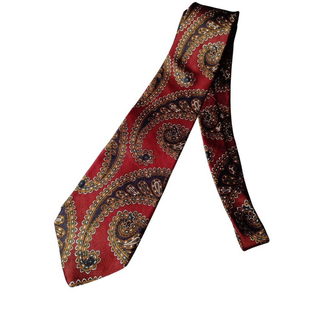 Bert Pulitzer Dillards Silk Paisley Tie Burgundy Red Navy Blue Gold USA Made